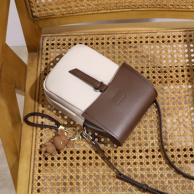 Color-Block Genuine Leather Mini Crossbody Phone Bag with Bear Charm