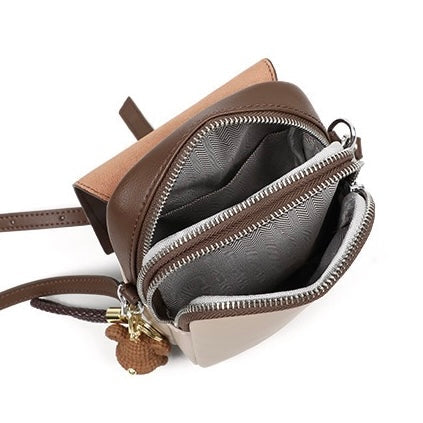 Color-Block Genuine Leather Mini Crossbody Phone Bag with Bear Charm