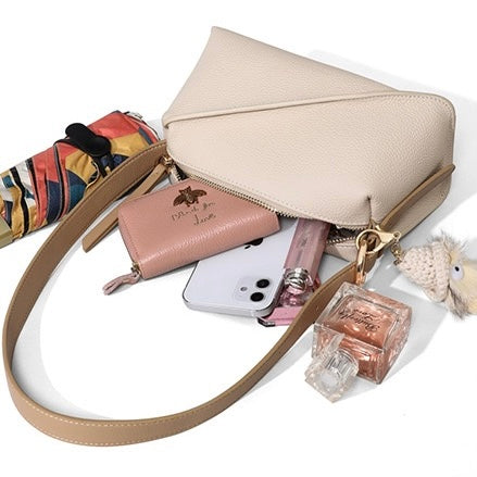 Elegant Geometric Genuine Leather Crossbody Bag with Plush Charm