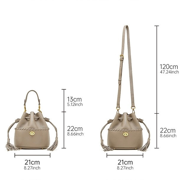 Women's Genuine Leather New Bucket Fringe Handbag Crossbody Bag