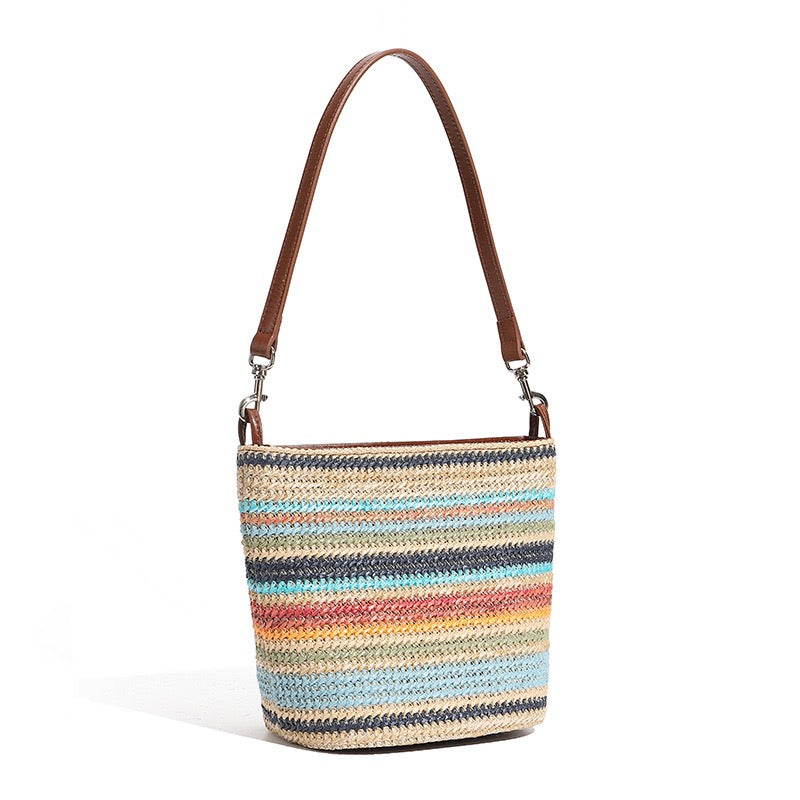 Women's Genuine Leather Summer Color Blocking Straw Woven Bucket Bag