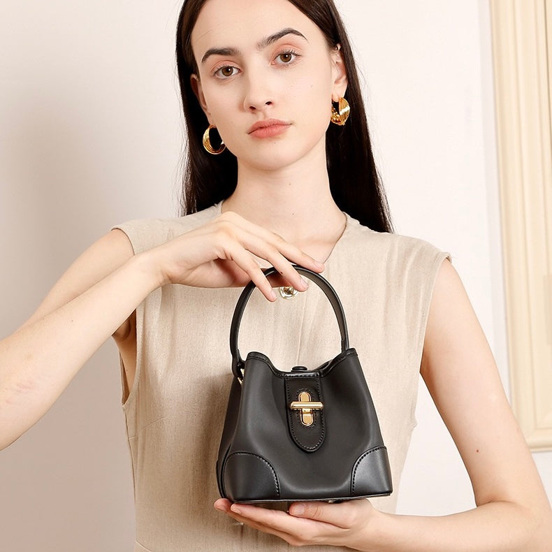 Genuine Leather Premium Lock Mini Bucket Handbag Crossbody Bag for Women