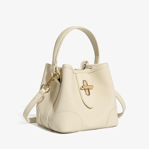 Genuine Leather Premium Lock Mini Bucket Handbag Crossbody Bag for Women