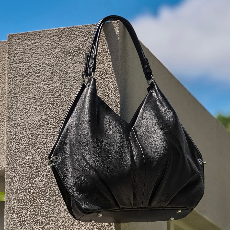 Women's Ruched Genuine Leather Large Tote Hobo Bag