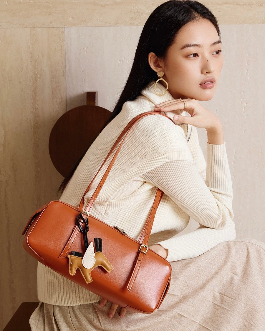 Women's Genuine Leather Retro Bowling Bag with Horse Charm