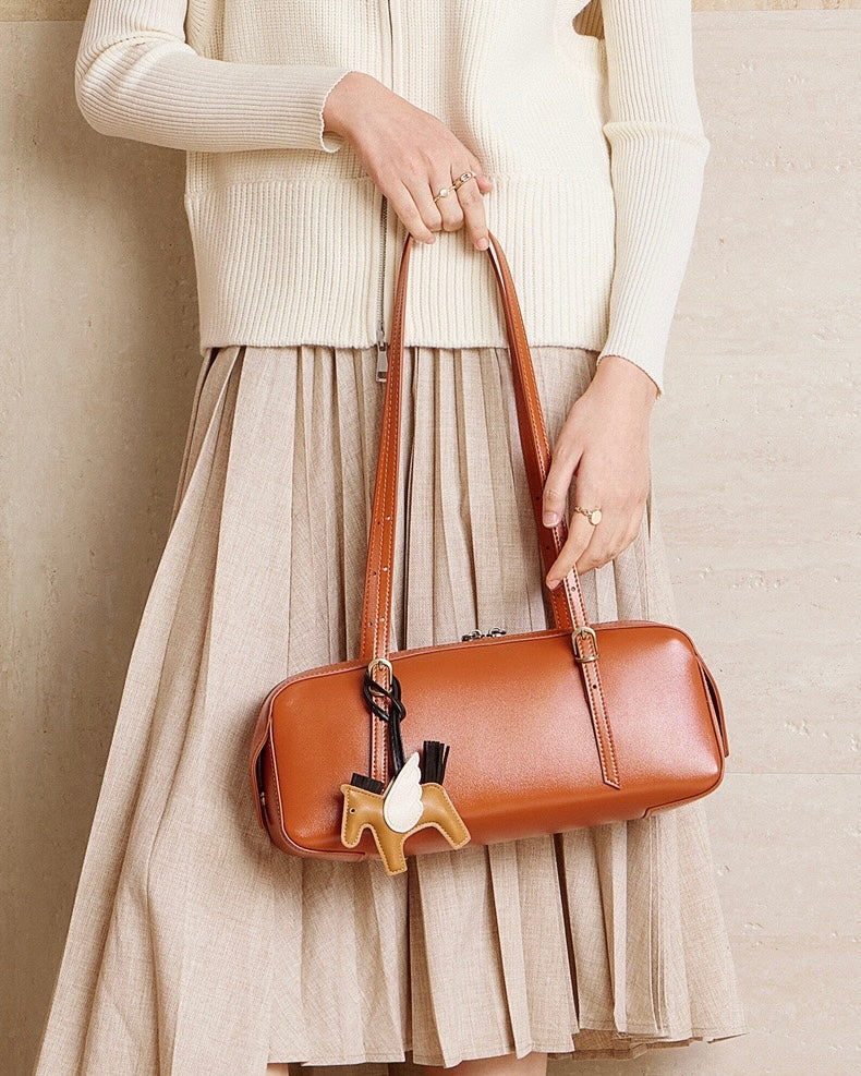 Women's Genuine Leather Retro Bowling Bag with Horse Charm