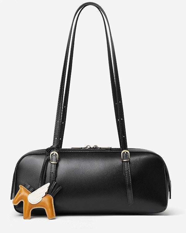 Women's Genuine Leather Retro Bowling Bag with Horse Charm