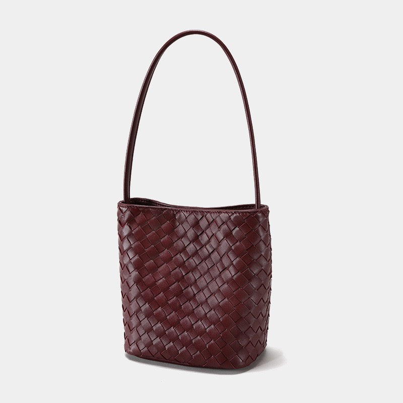 Handmade Women's Genuine Sheepskin Retro Woven Bucket Bag