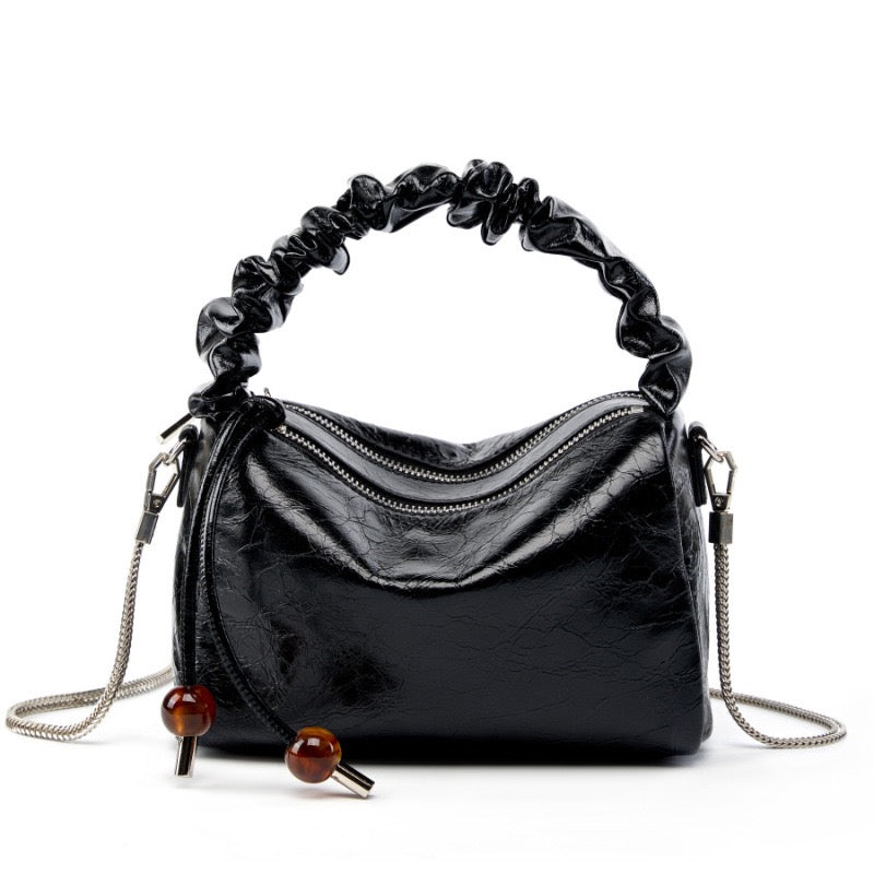 Women's Genuine Leather Beaded Bento Box Handheld Crossbody Bag