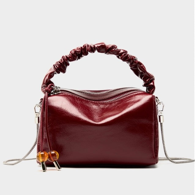 Women's Genuine Leather Beaded Bento Box Handheld Crossbody Bag