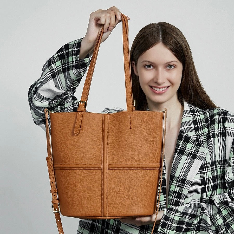 Women’s Luxury Genuine Leather Commuter Tote Bag with Inner Pouch