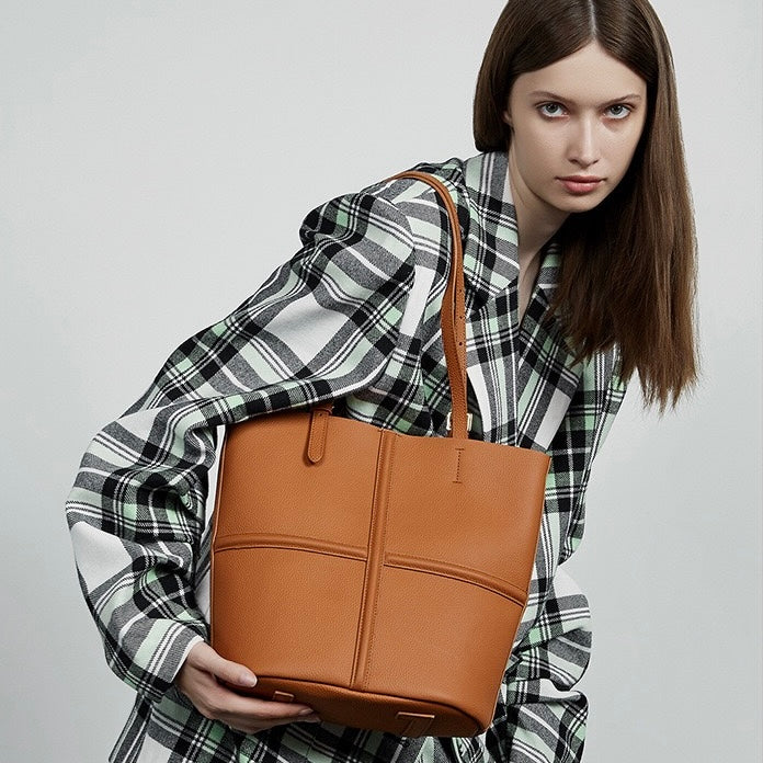Women’s Luxury Genuine Leather Commuter Tote Bag with Inner Pouch