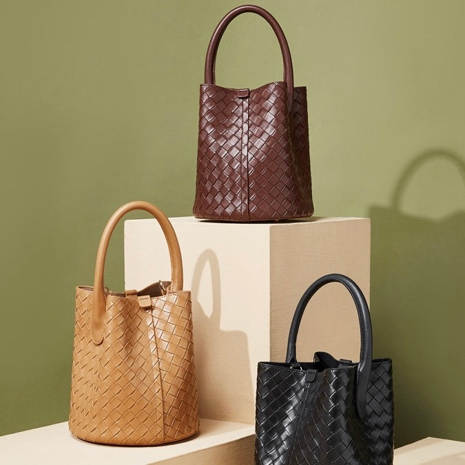 Women’s Luxury Genuine Leather Woven Bucket Crossbody Handbag