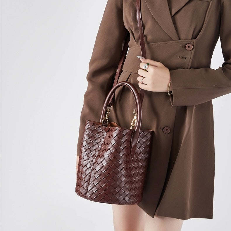 Women’s Luxury Genuine Leather Woven Bucket Crossbody Handbag