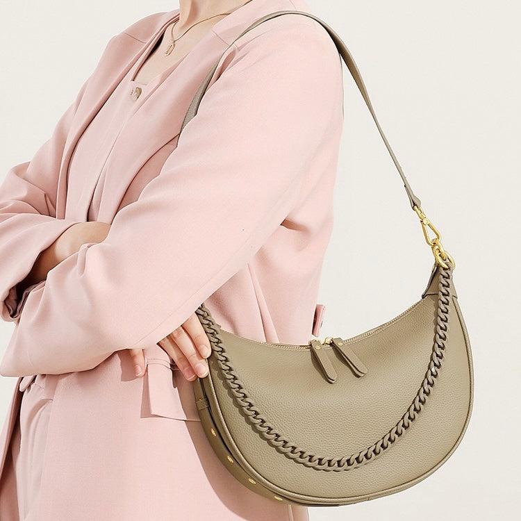 Women’s Genuine Leather Baguette Dumpling Bag with Luxe Chain
