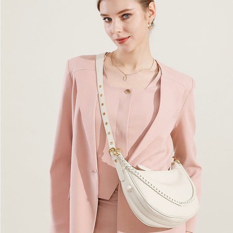 Women’s Genuine Leather Baguette Dumpling Bag with Luxe Chain