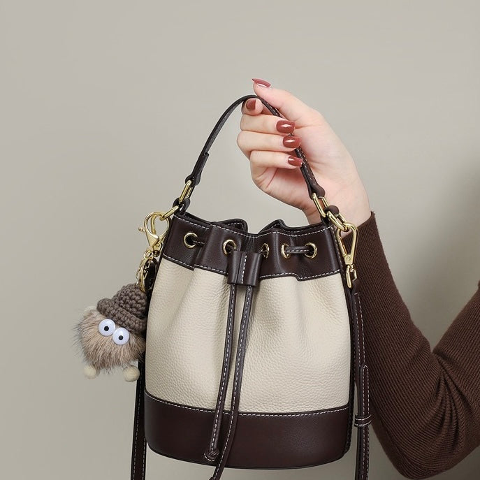 Women's Genuine Leather Pendant Decor Bucket Handbag Crossbody Bag
