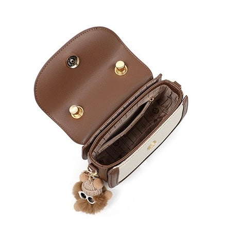 Women's Genuine Leather Color Block Furry Pendant Handbag Crossbody Bag