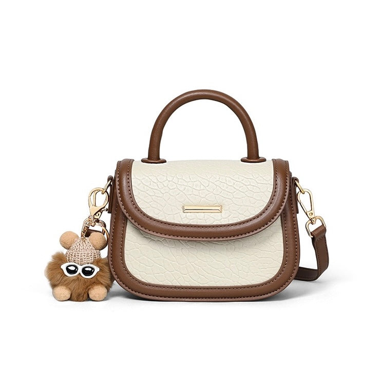 Women's Genuine Leather Color Block Furry Pendant Handbag Crossbody Bag