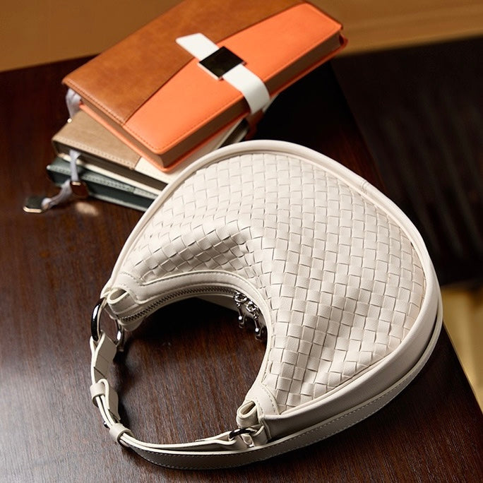 Exquisite Handwoven Women's Cowhide Crescent Moon Crossbody Bag