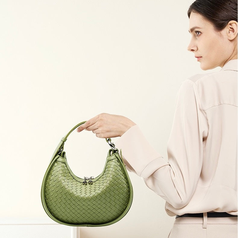 Exquisite Handwoven Women's Cowhide Crescent Moon Crossbody Bag