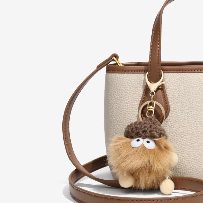 Women’s Genuine Leather Cute Mini Pom Pom Bucket Crossbody Handbag