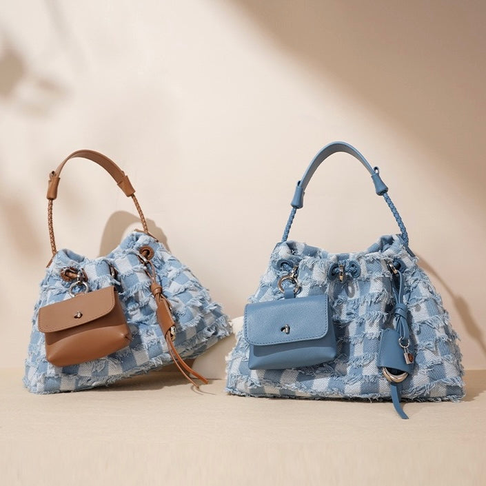 Women’s Genuine Leather & Denim Colorblock Crossbody Shoulder Bag