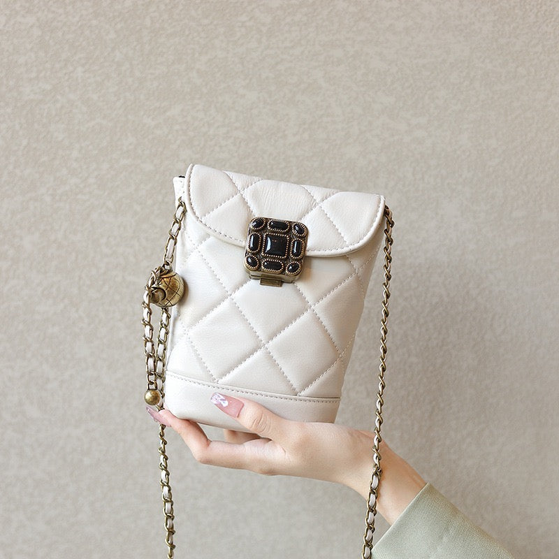 Stylish Women's Genuine Leather Quilted Mini Bag with Gold Ball Chain