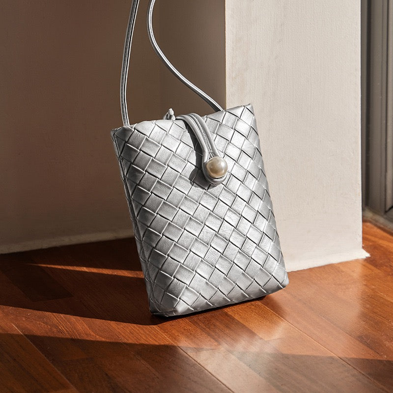Pearl Button Women's Genuine Leather Woven Crossbody Phone Bag
