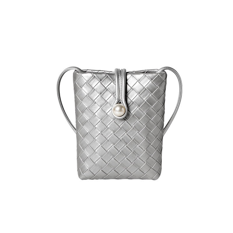 Pearl Button Women's Genuine Leather Woven Crossbody Phone Bag