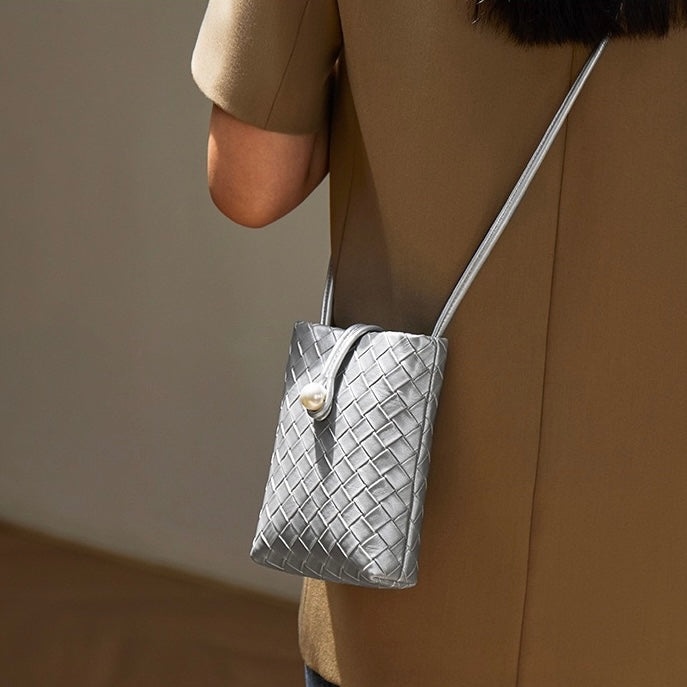 Pearl Button Women's Genuine Leather Woven Crossbody Phone Bag