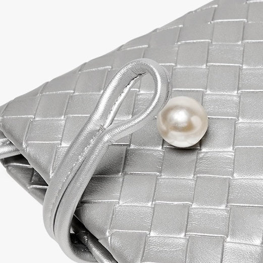 Pearl Button Women's Genuine Leather Woven Crossbody Phone Bag