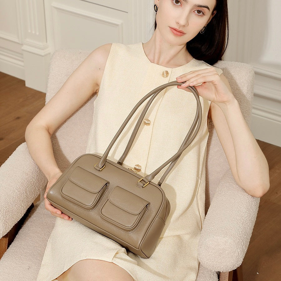 Vintage Women's Genuine Leather Bowling Bag Shoulder Bag