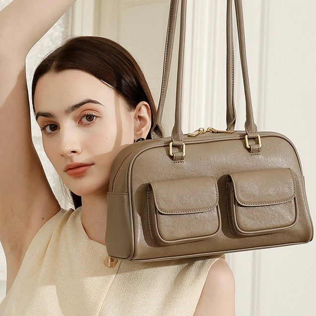 Vintage Women's Genuine Leather Bowling Bag Shoulder Bag