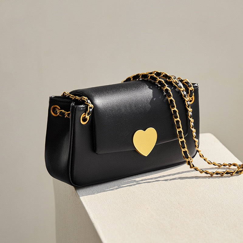 Women's Genuine Leather Chain Shoulder Crossbody Bag with Heart - Shaped Buckle