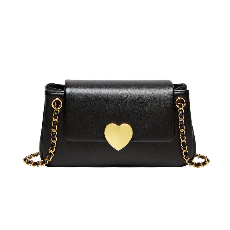 Women's Genuine Leather Chain Shoulder Crossbody Bag with Heart - Shaped Buckle