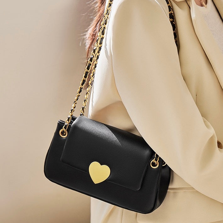 Women's Genuine Leather Chain Shoulder Crossbody Bag with Heart - Shaped Buckle