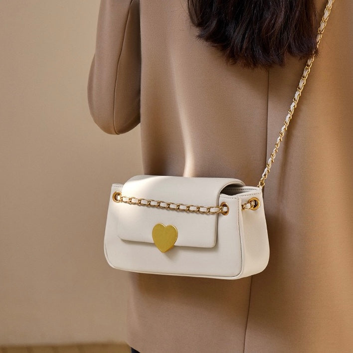 Women's Genuine Leather Chain Shoulder Crossbody Bag with Heart - Shaped Buckle