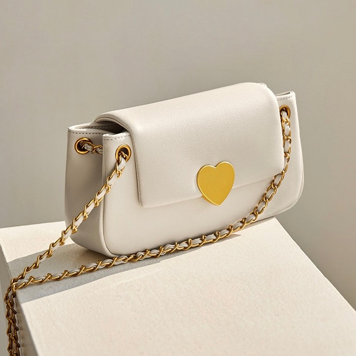 Women's Genuine Leather Chain Shoulder Crossbody Bag with Heart - Shaped Buckle