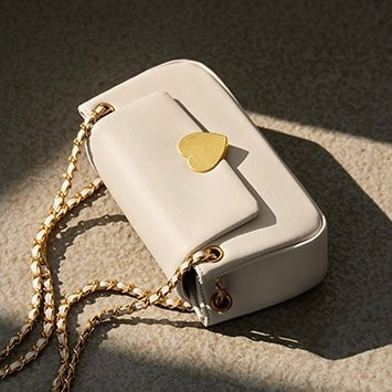 Women's Genuine Leather Chain Shoulder Crossbody Bag with Heart - Shaped Buckle