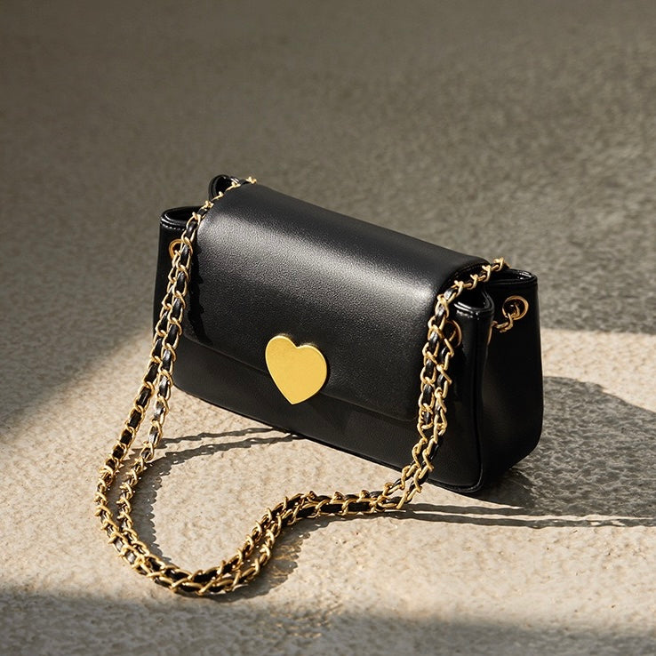 Women's Genuine Leather Chain Shoulder Crossbody Bag with Heart - Shaped Buckle