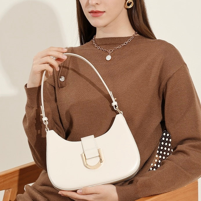 Women’s Soft Top-Grain Leather Baguette Shoulder Bag in Minimalist Commuter Style