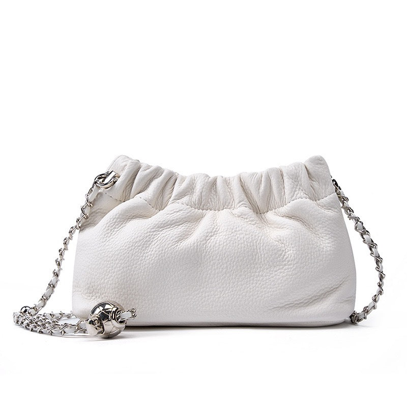 Luxury Women's Cloud Pleated Genuine Leather Shoulder Crossbody Bag with Golden Ball Chain
