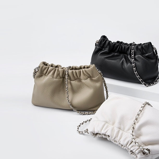 Luxury Women's Cloud Pleated Genuine Leather Shoulder Crossbody Bag with Golden Ball Chain