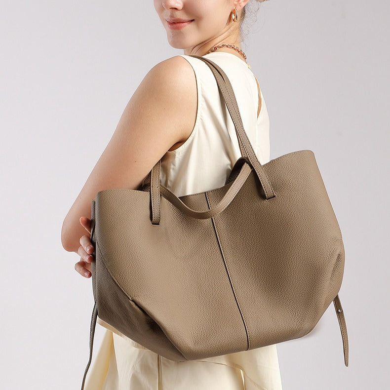 Elegant Genuine Pebbled Leather Tote Bag with Pouch