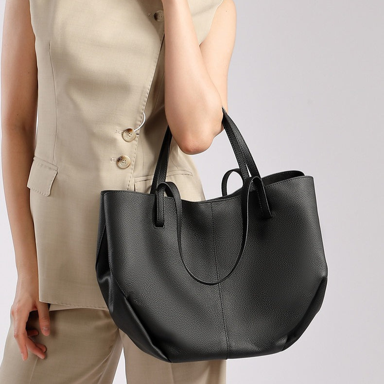 Elegant Genuine Pebbled Leather Tote Bag with Pouch
