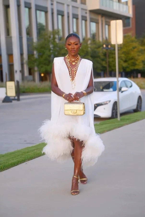 Elegant Sleeveless White Feather Patchwork Irregular Hem Midi Dress
