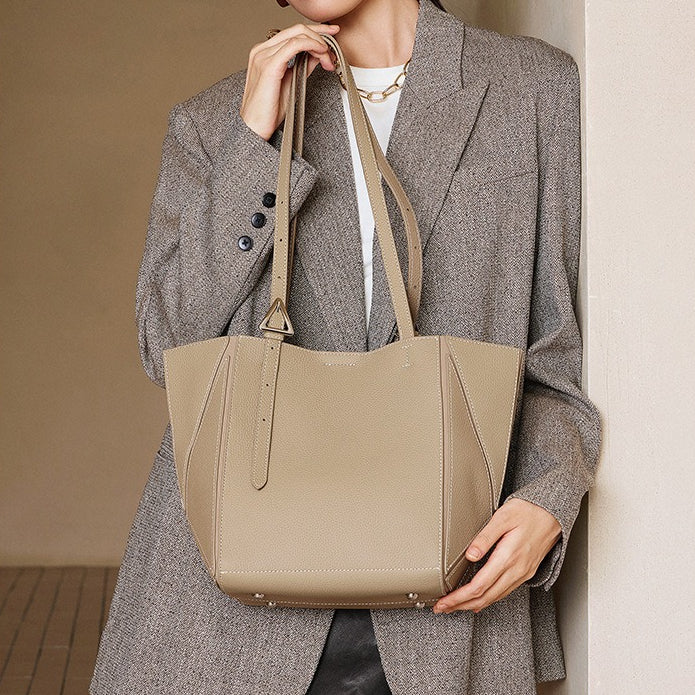 Women's Elegant Camel Textured Leather Shoulder Tote