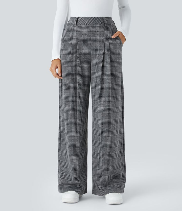 High Waisted - Pocket Wide Leg Houndstooth Plaid Casual Trousers