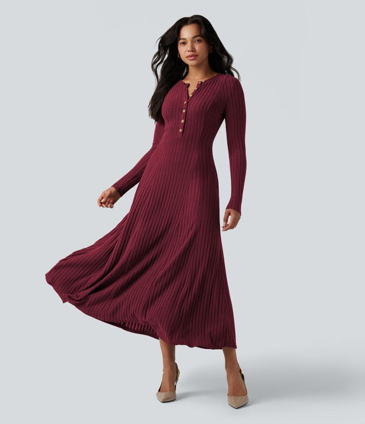 Ribbed Knit | Henley Neck Long Sleeve Flowy Maxi Casual Dress